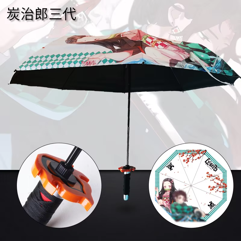 Anime Demon Slayer Umbrella – All-Weather Folding Parasol, Kimetsu no Yaiba Tanjirou, Shinobu, Giyuu, Zoro Katana Rain Gear