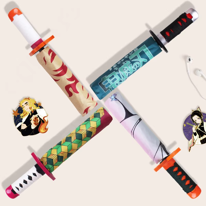 Anime Demon Slayer Umbrella – All-Weather Folding Parasol, Kimetsu no Yaiba Tanjirou, Shinobu, Giyuu, Zoro Katana Rain Gear