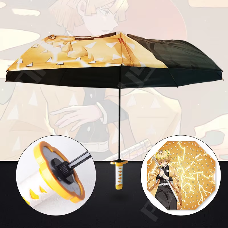 Anime Demon Slayer Umbrella – All-Weather Folding Parasol, Kimetsu no Yaiba Tanjirou, Shinobu, Giyuu, Zoro Katana Rain Gear