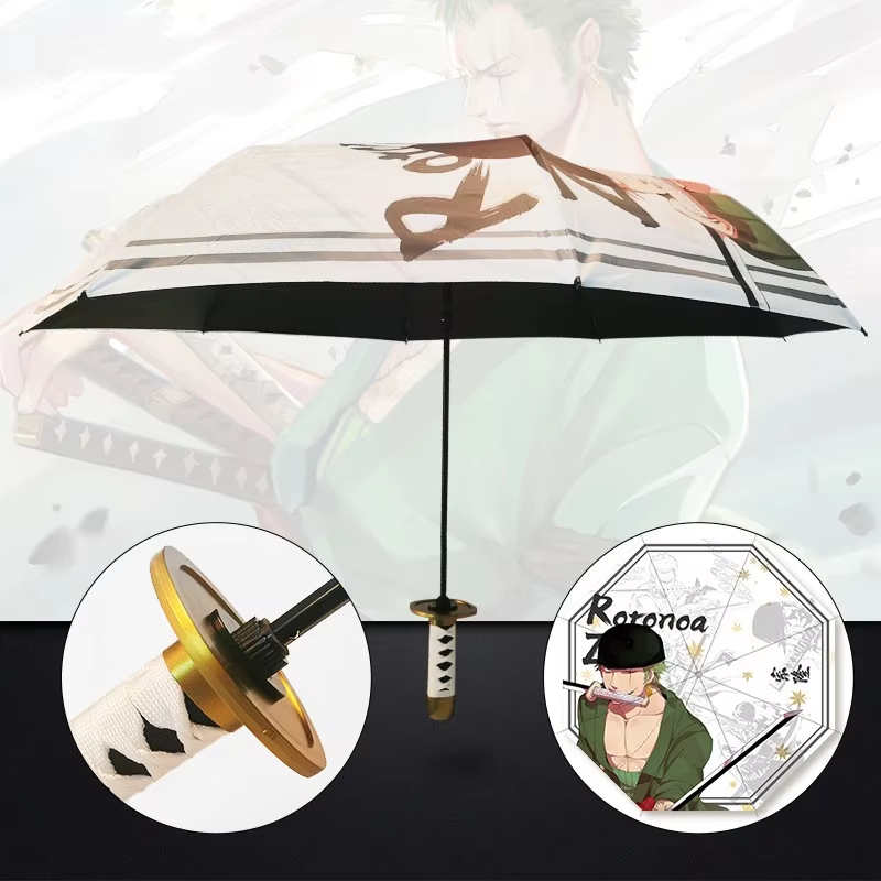 Anime Demon Slayer Umbrella – All-Weather Folding Parasol, Kimetsu no Yaiba Tanjirou, Shinobu, Giyuu, Zoro Katana Rain Gear