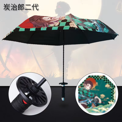 Anime Demon Slayer Umbrella – All-Weather Folding Parasol, Kimetsu no Yaiba Tanjirou, Shinobu, Giyuu, Zoro Katana Rain Gear