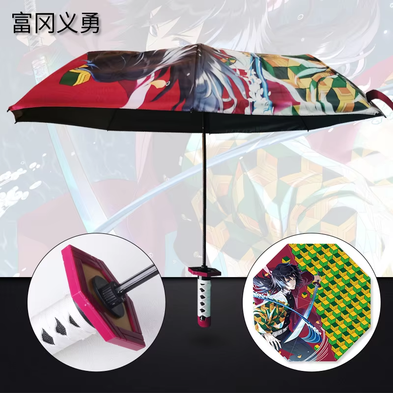 Anime Demon Slayer Umbrella – All-Weather Folding Parasol, Kimetsu no Yaiba Tanjirou, Shinobu, Giyuu, Zoro Katana Rain Gear